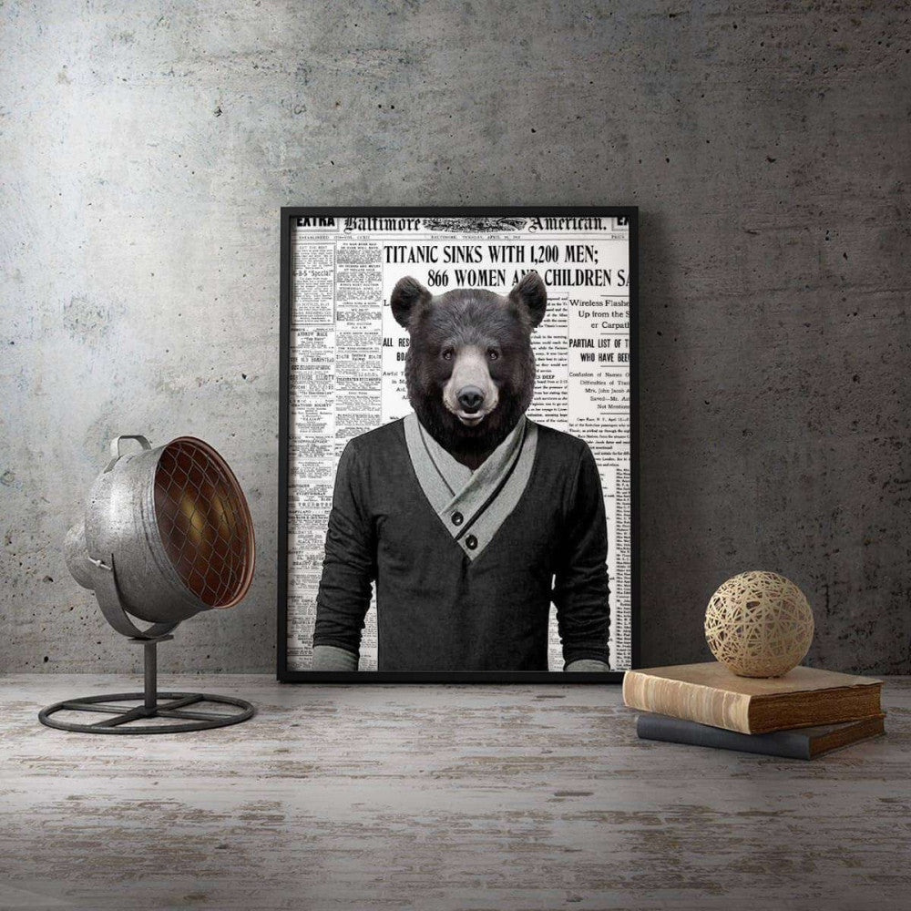 Bear Dude Old Newspaper Animal Canvas