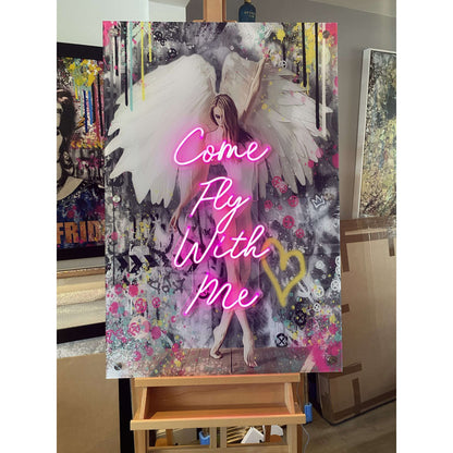 Fly With Me Angel Graffiti Acrylic Glass Art with Neon LED Sign