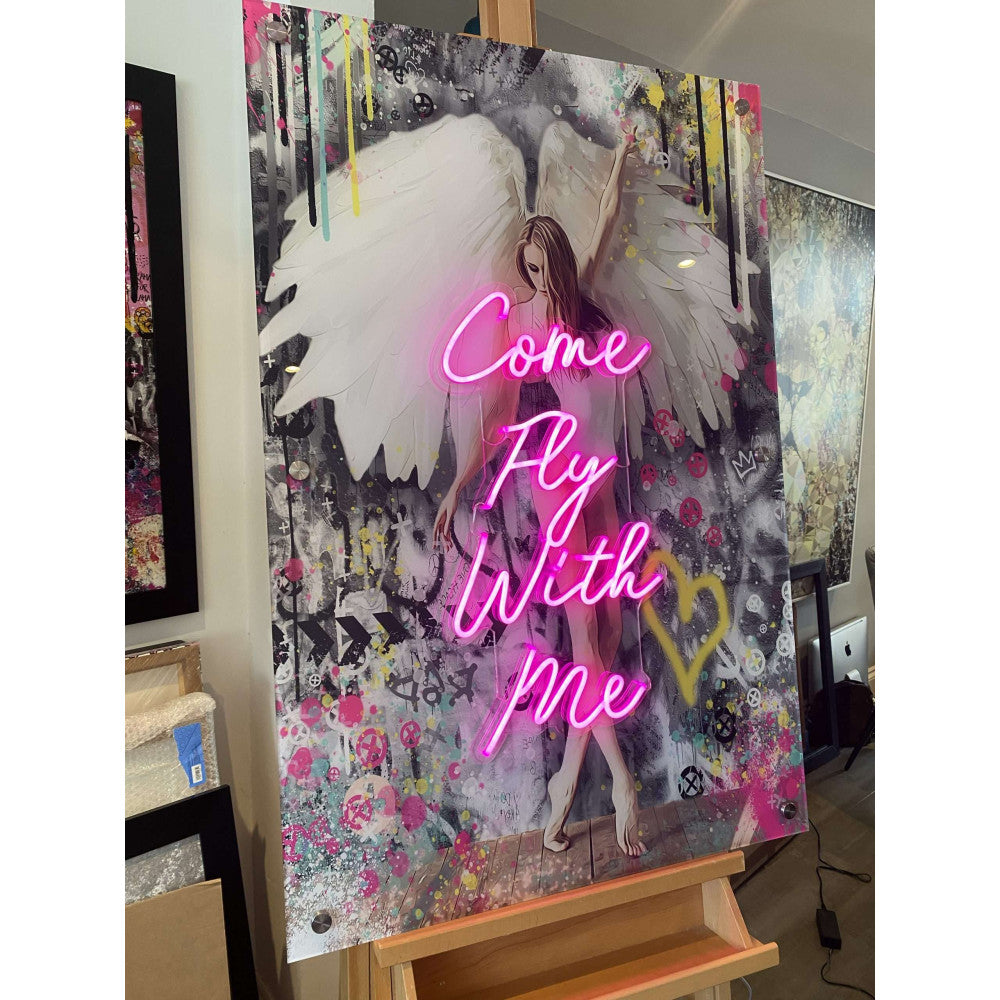 Fly With Me Angel Graffiti Acrylic Glass Art with Neon LED Sign