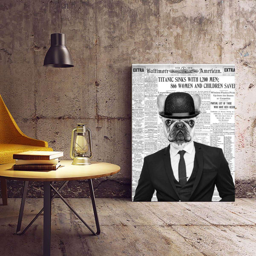 Bulldog Dude Old Newspaper Animal Canvas