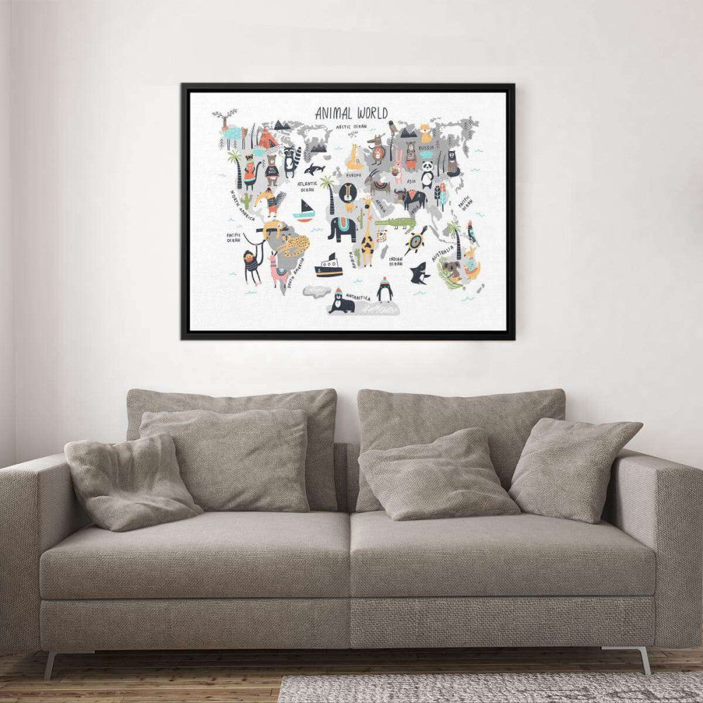 Animal Children's World Map Canvas