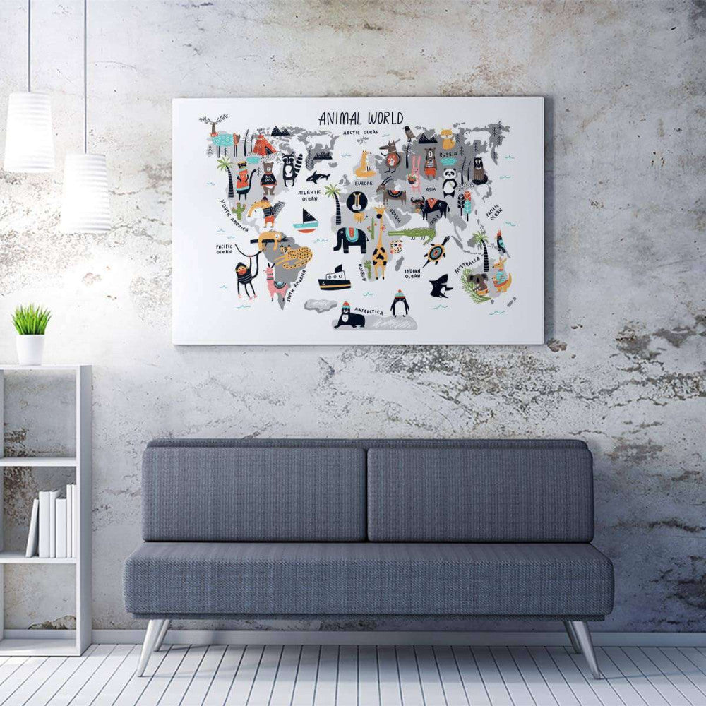 Animal Children's World Map Canvas