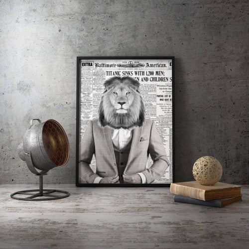 Lion Gentleman Old Newspaper Canvas