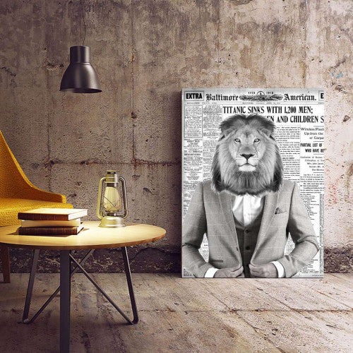 Lion Gentleman Old Newspaper Canvas