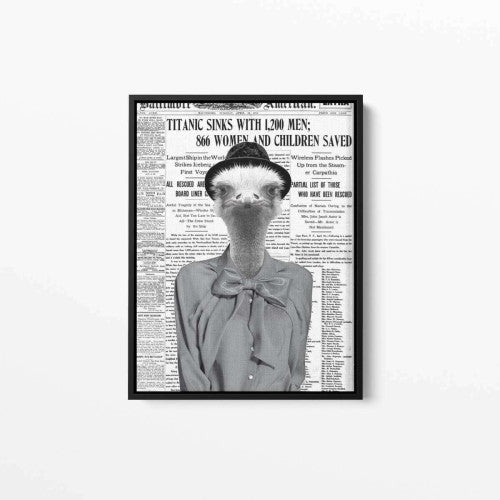 Ostrich Chic Old Newspaper Animal Canvas