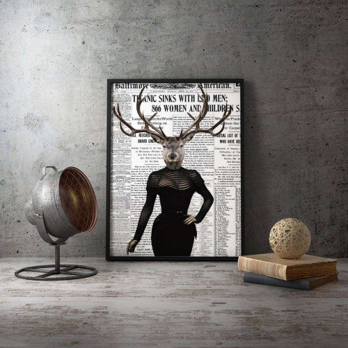 Reindeer Lady Old Newspaper Animal Canvas