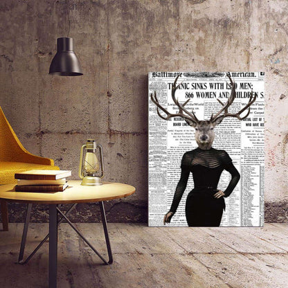 Reindeer Lady Old Newspaper Animal Canvas