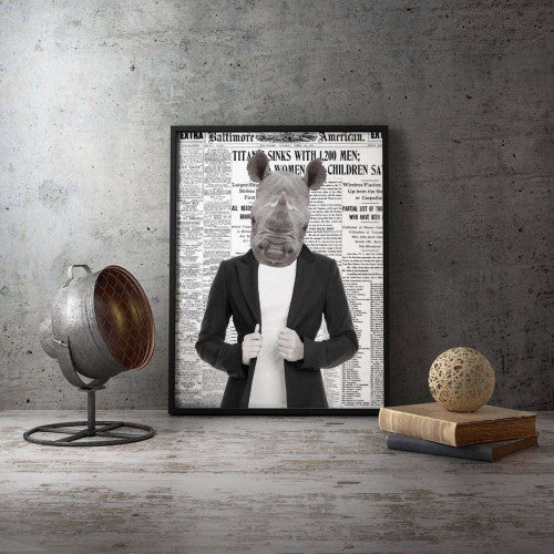 Rhino Kid Old Newspaper Animal Canvas