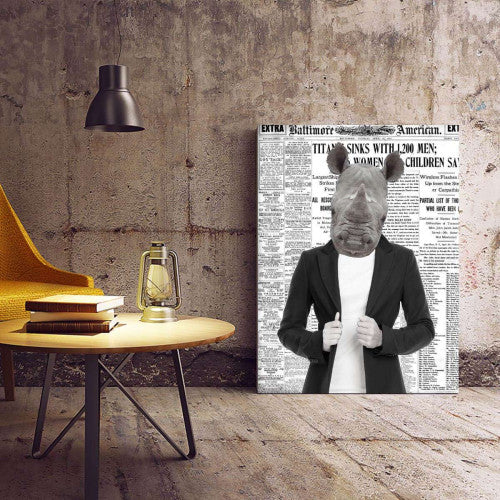 Rhino Kid Old Newspaper Animal Canvas