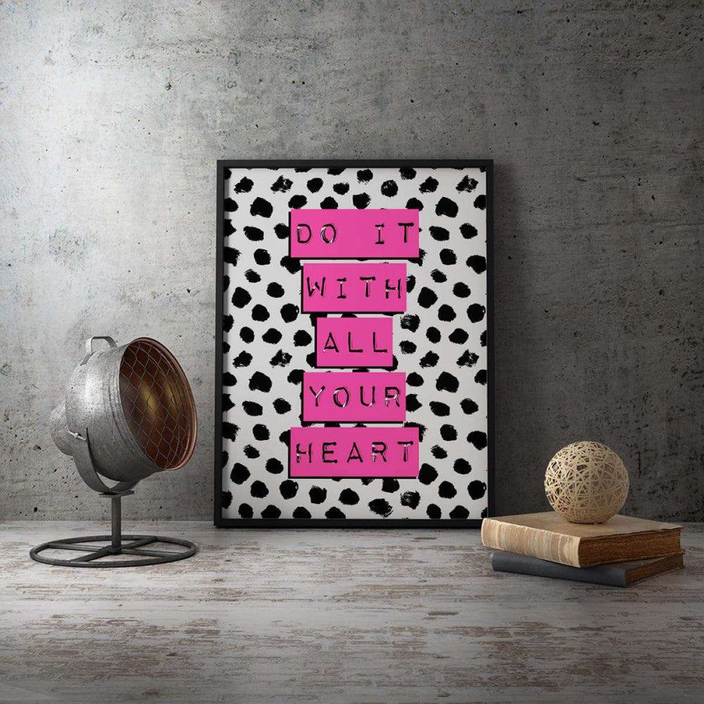 Do It With All Your Heart Grey Pink Typography Canvas