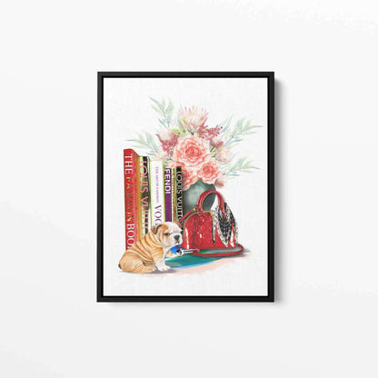 Fashion Books Flowers Puppy Canvas