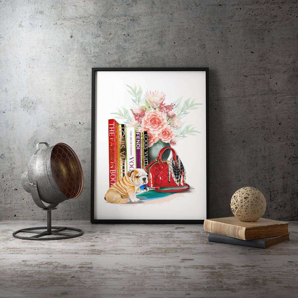 Fashion Books Flowers Puppy Canvas