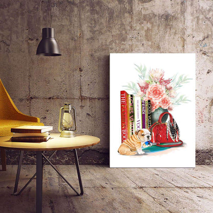 Fashion Books Flowers Puppy Canvas