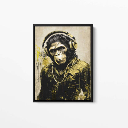 Chimp with Headphones Gold Animal Canvas