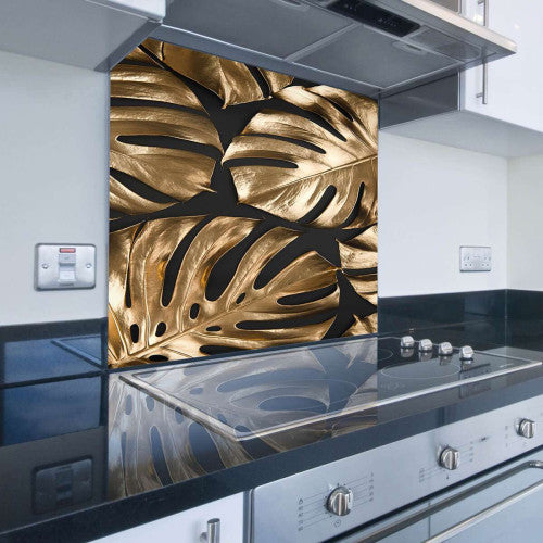 Gold Leaves Kitchen Glass Splashback