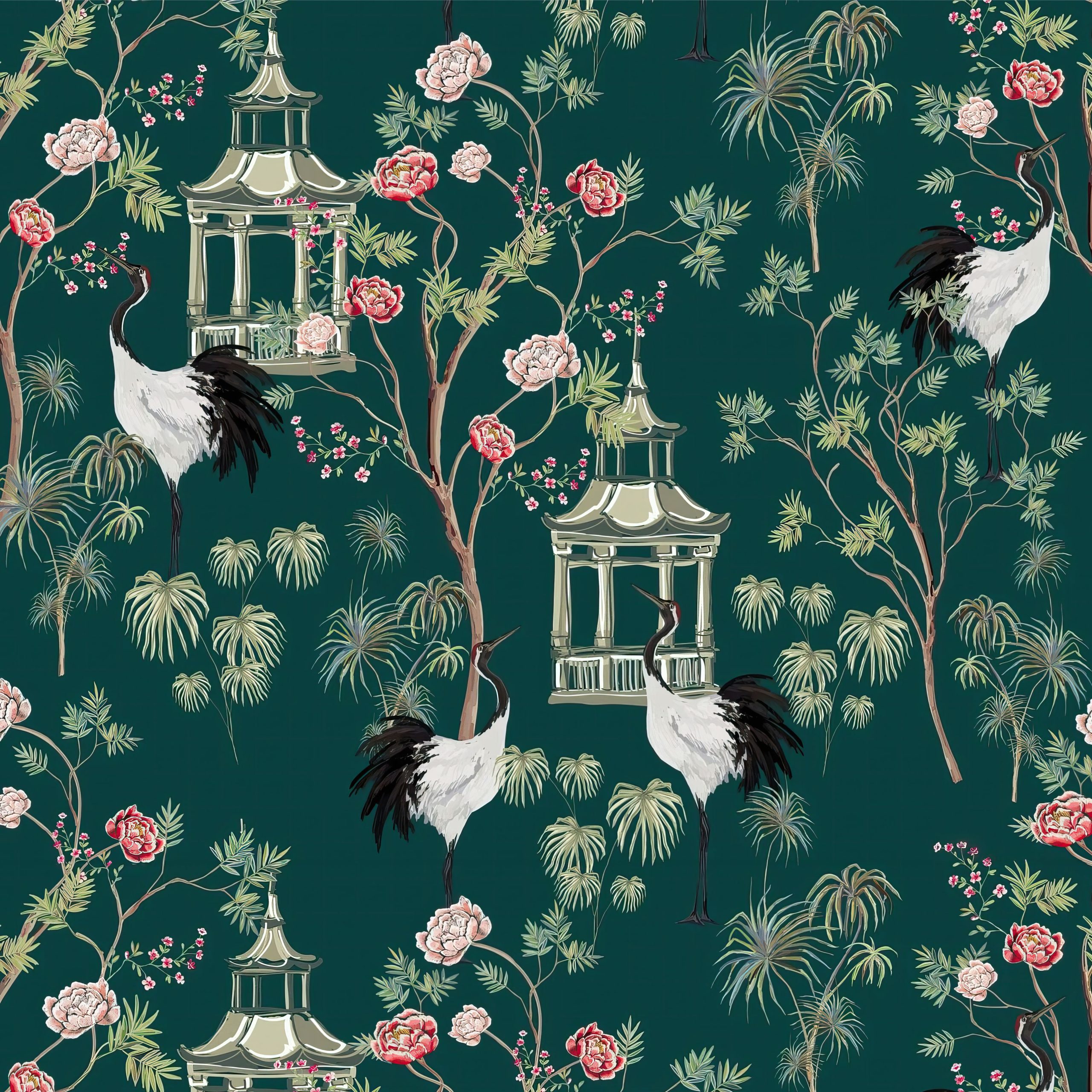 Emerald Pagoda Crane Chinoiserie Wallpaper