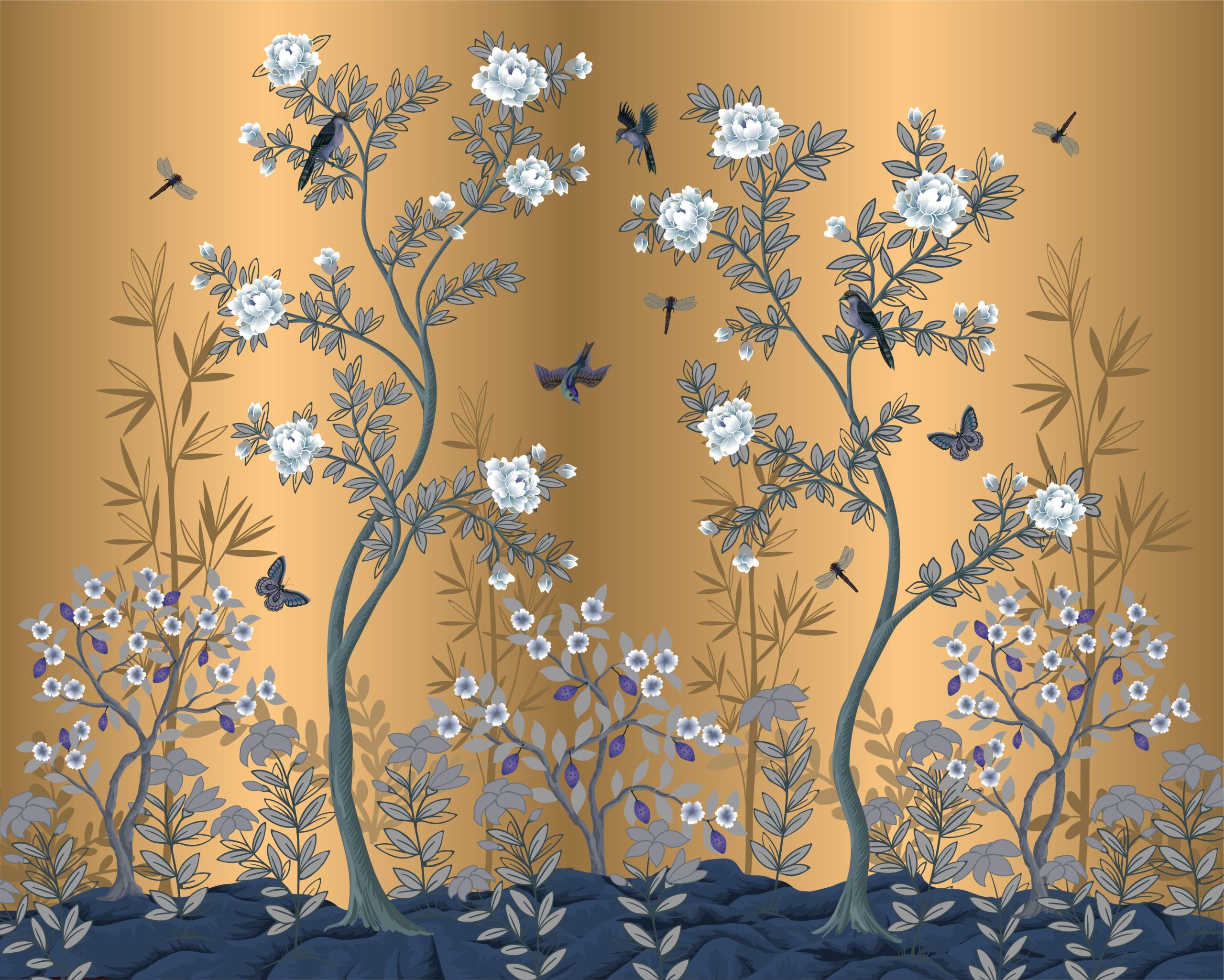 Golden Chinoiserie Peony Trees and Birds