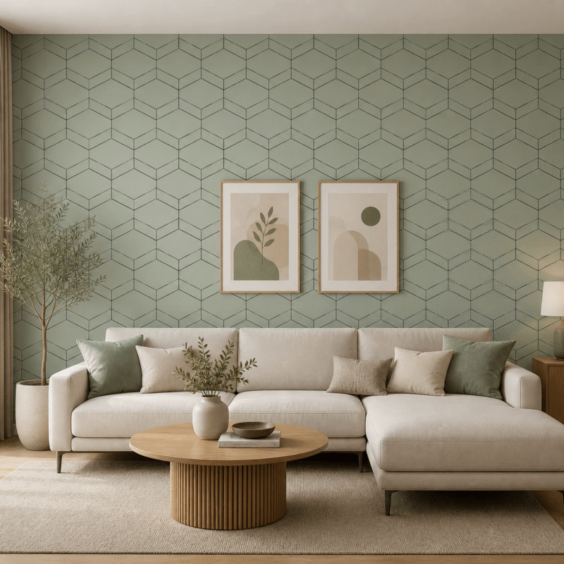 ABSTRACT HEXAGON SAGE GREEN GEOMETRIC WALLPAPER