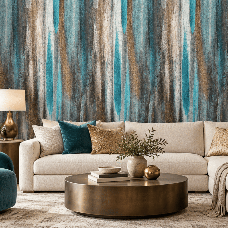 Abstract Rain Turquoise & Gold Wallpaper