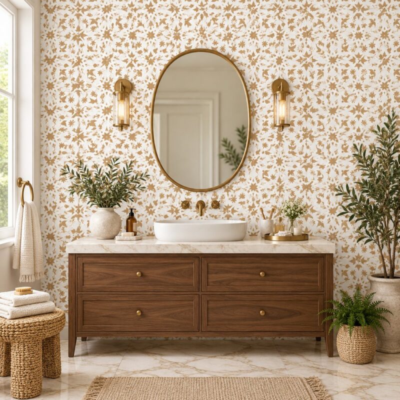 Arabesque Aurelia – Champagne Gold Wallpaper Elegant bathroom with floral wallpaper design