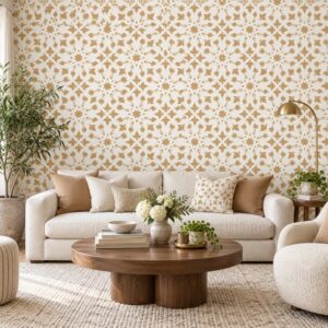 Arabesque Aurelia – Champagne Gold Wallpaper Cozy living room with patterned wallpaper.