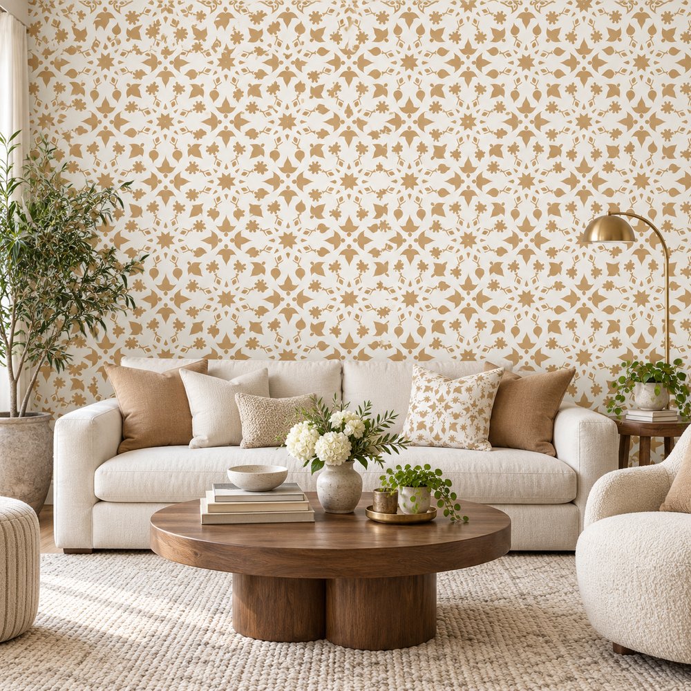 Arabesque Aurelia – Champagne Gold Wallpaper Cozy living room with patterned wallpaper.