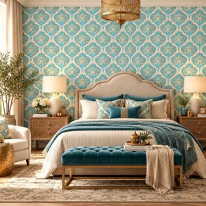 Turquoise & Gold Arabesque Wallpaper