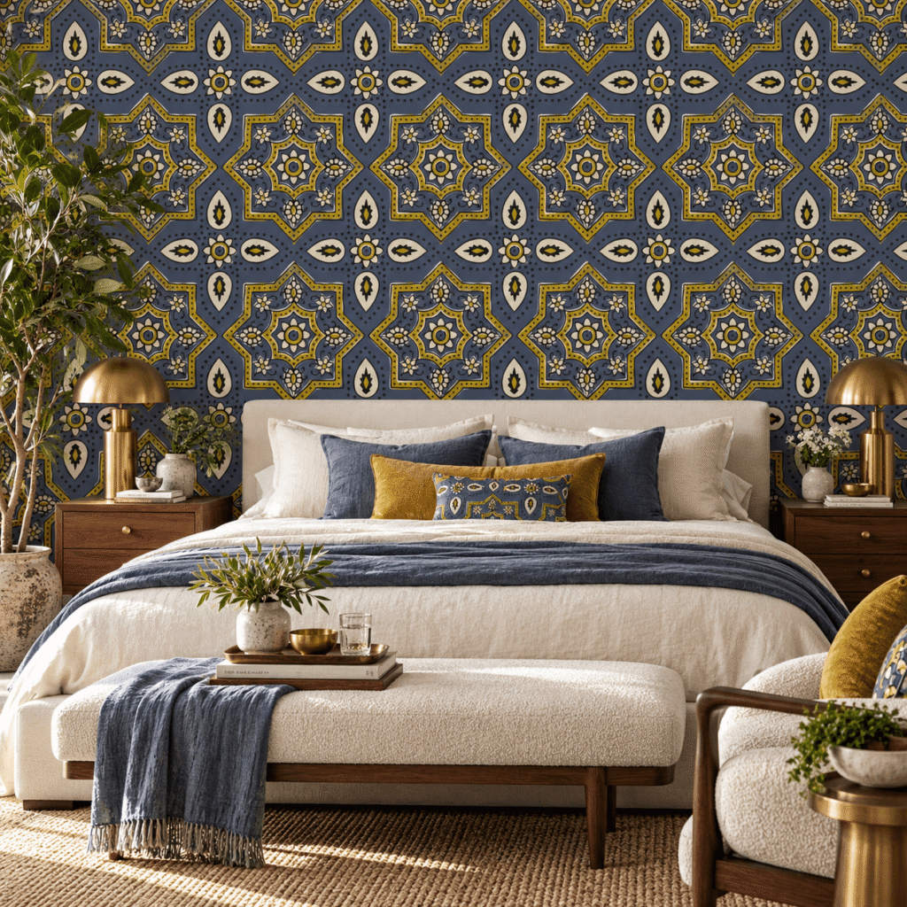 Arabesque Saffron Stars Wallpaper Elegant bedroom with patterned wallpaper.