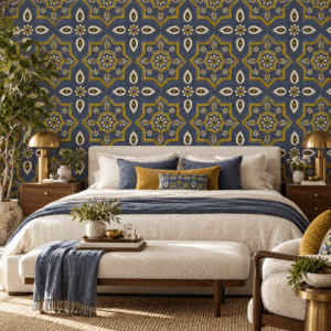 Arabesque Saffron Stars Wallpaper Elegant bedroom with patterned wallpaper.