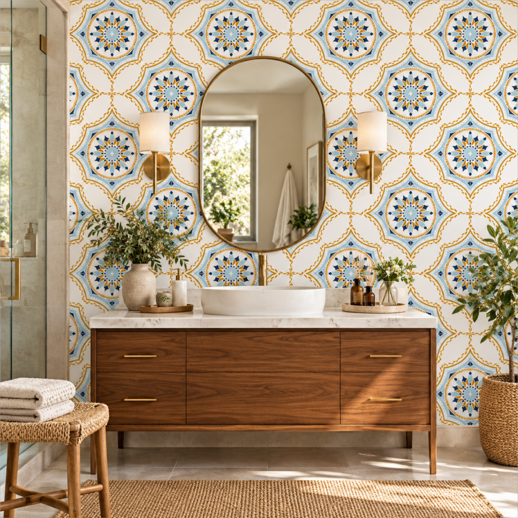 Arabesque Azure Wallpaper, Stylish bathroom with botanical wallpaper.