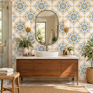 Arabesque Azure Wallpaper, Stylish bathroom with botanical wallpaper.