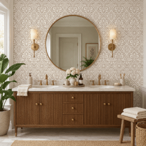 Arabesque Cashmere Wallpaper, Elegant bathroom with vintage decor.