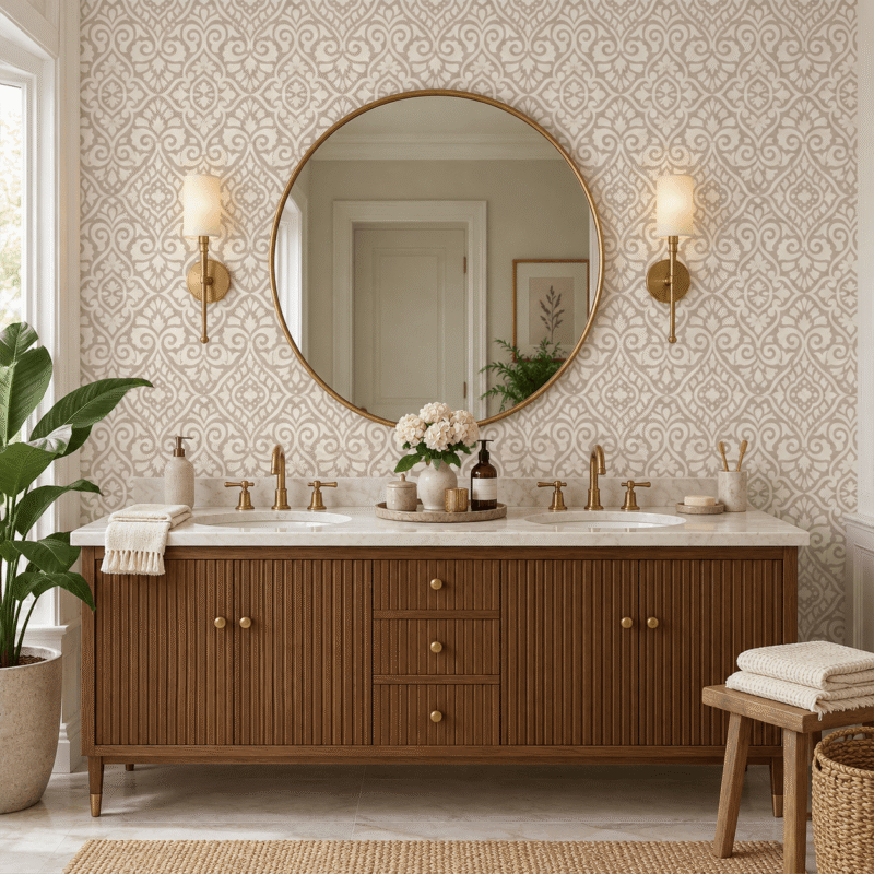 Arabesque Cashmere Wallpaper, Elegant bathroom with vintage decor.