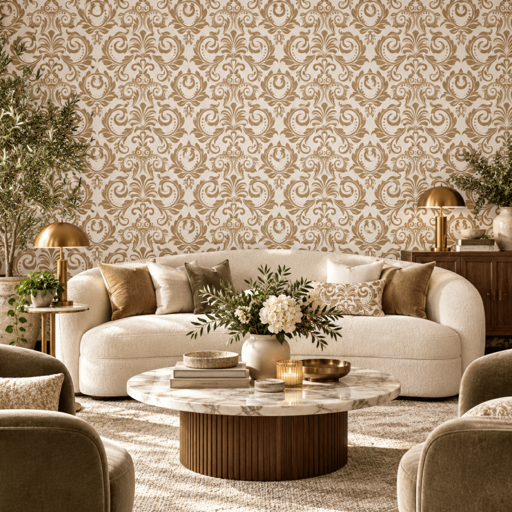Arabesque Aurelia Wallpaper, Elegant living room with ornate wallpaper