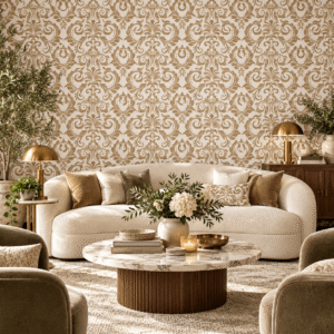 Arabesque Aurelia Wallpaper, Elegant living room with ornate wallpaper