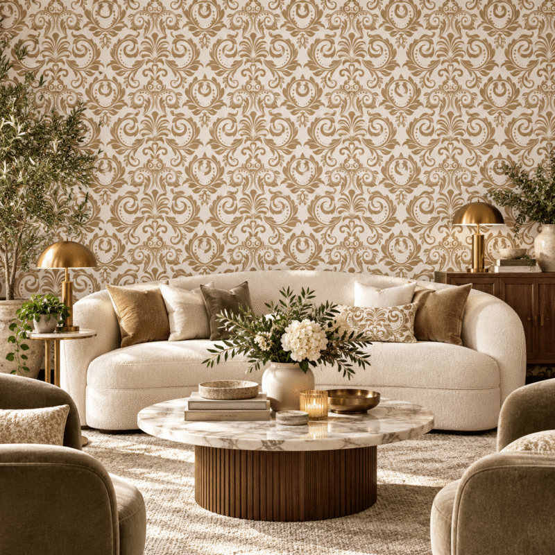 Arabesque Aurelia Wallpaper, Elegant living room with ornate wallpaper