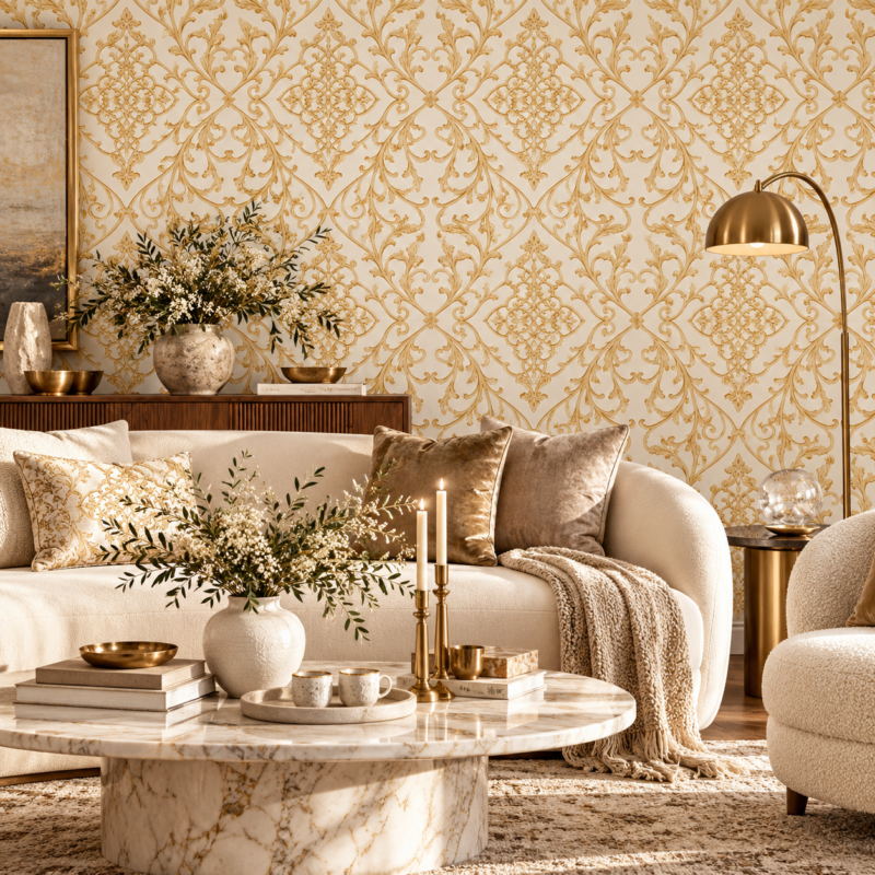 Arabesque Royale – Ivory & Gold Wallpaper, Elegant room with gold accents.