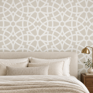 Arabesque Whisper Wallpaper. Elegant bedroom with patterned wallpaper