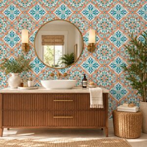 Arabesque Azura Wallpaper Stylish bathroom with patterned wallpaper.