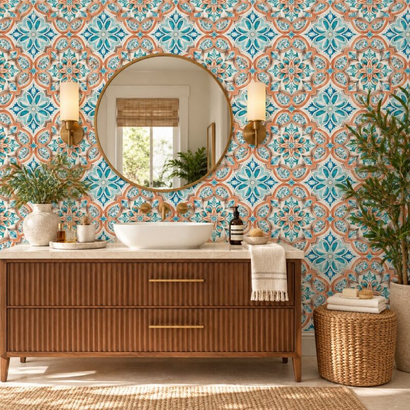 Arabesque Azura Wallpaper Stylish bathroom with patterned wallpaper.