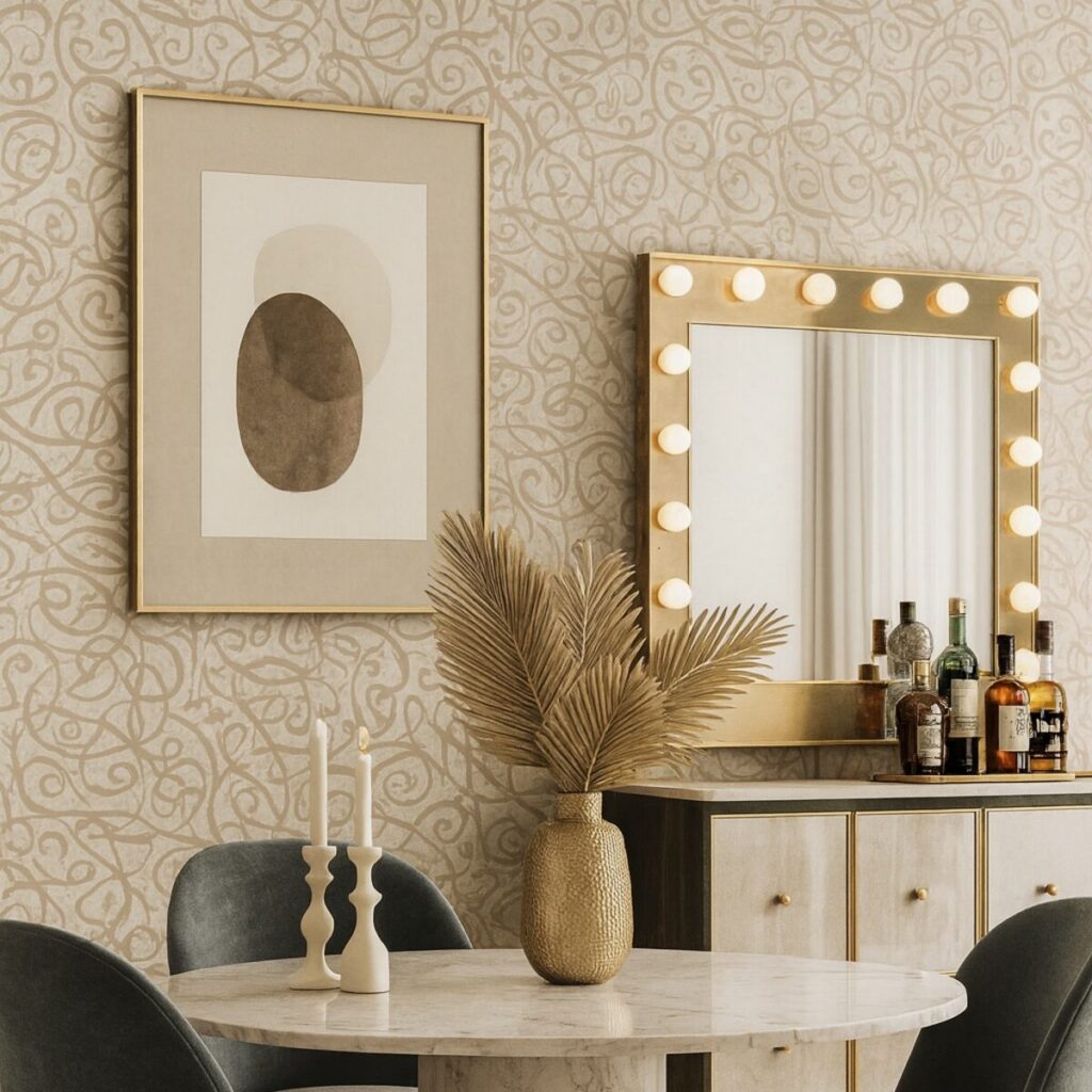 Arabesque Dune Wallpaper - Elegant interior with decorative elements.