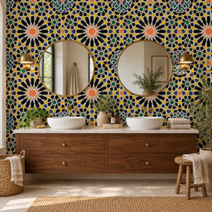 Arabesque Kaleidoscope Wallpaper, Colorful patterned wall with modern sinks