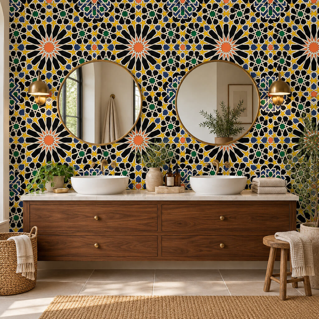 Arabesque Kaleidoscope Wallpaper, Colorful patterned wall with modern sinks