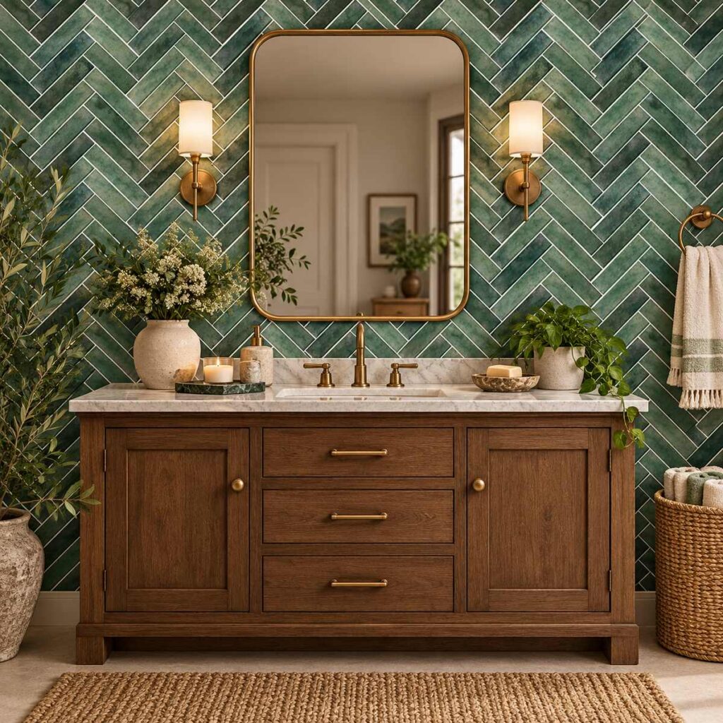 Emerald Herringbone Tile Wallpaper