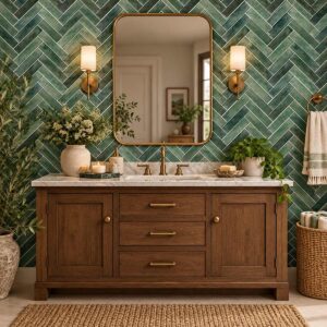 Emerald Herringbone Tile Wallpaper