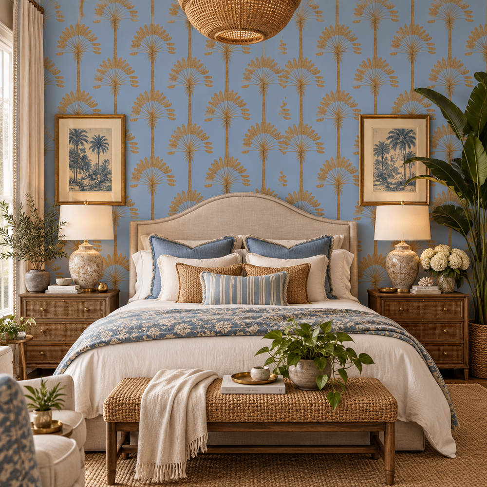 Deco Palm Gold & Dusty Blue Wallpaper