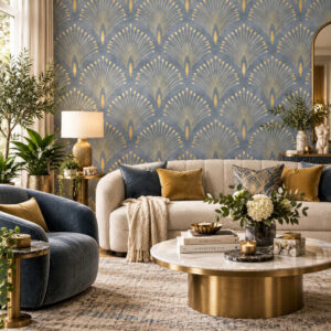 Deco Peacock Gold & Slate Wallpaper