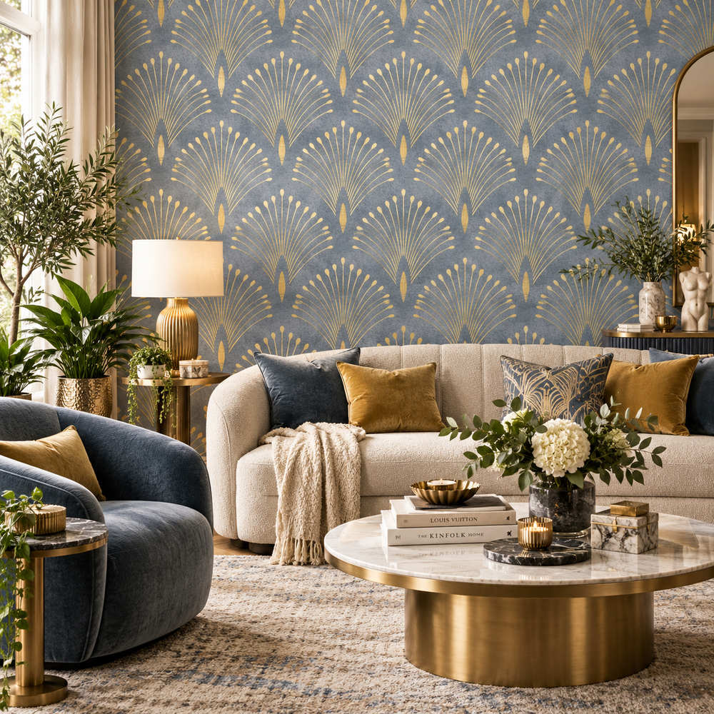 Deco Peacock Gold & Slate Wallpaper