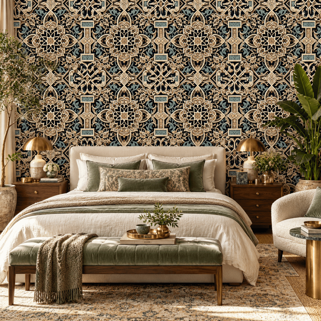 Arabesque Imperial Wallpaper, Elegant bedroom with patterned wallpaper.
