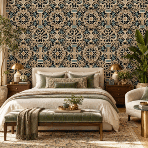 Arabesque Imperial Wallpaper, Elegant bedroom with patterned wallpaper.